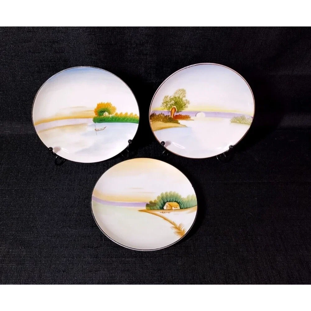 Set of 3 Vintage Meito Japan Hand Painted Scenic Lakeside Decorative Plates